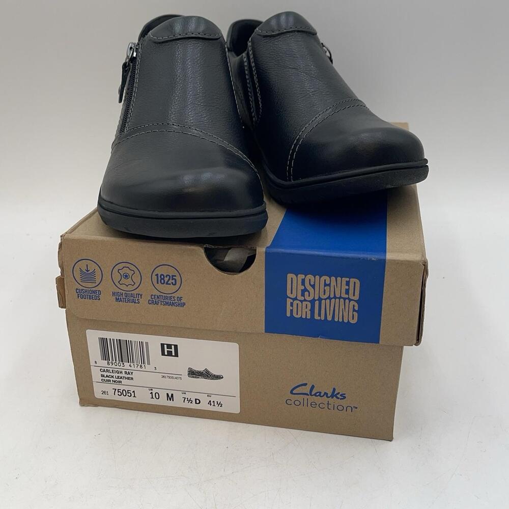 Clarks Carleigh Ray Shoes Womens Black Leather Zip Slip On Comfort Size 10